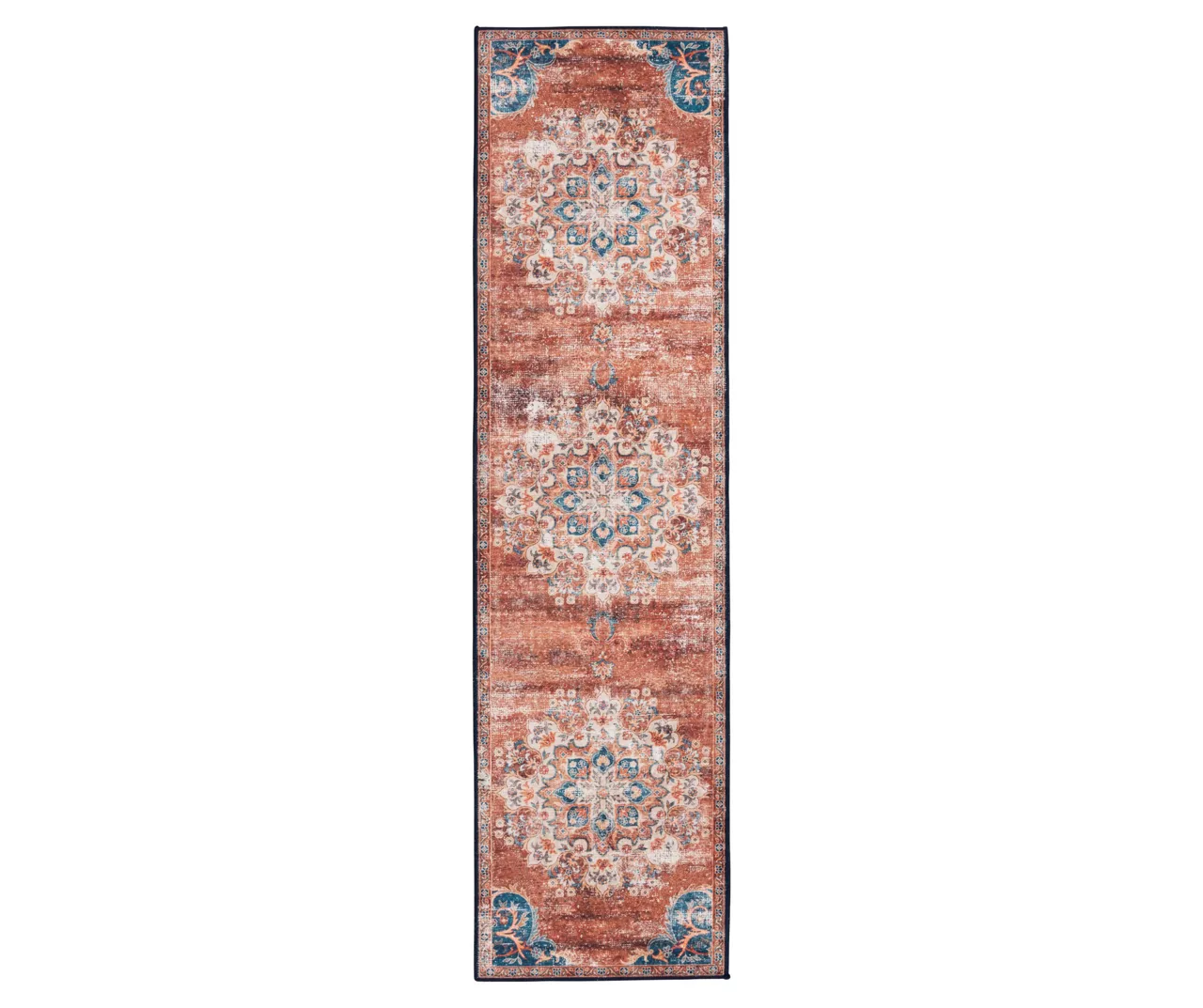 Cleo Rust & Blue Mandala Runner Rug, (2' X 7') 3 Cleo Rust & Blue Mandala Runner Rug, (2' X 7')