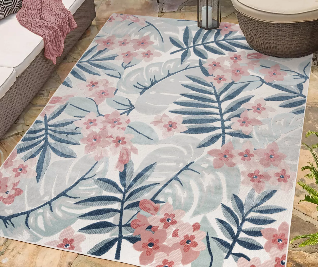 Broyhill Nauru Blue & Pink Floral Outdoor Area Rug 4 Broyhill Nauru Blue & Pink Floral Outdoor Area Rug - Image 2