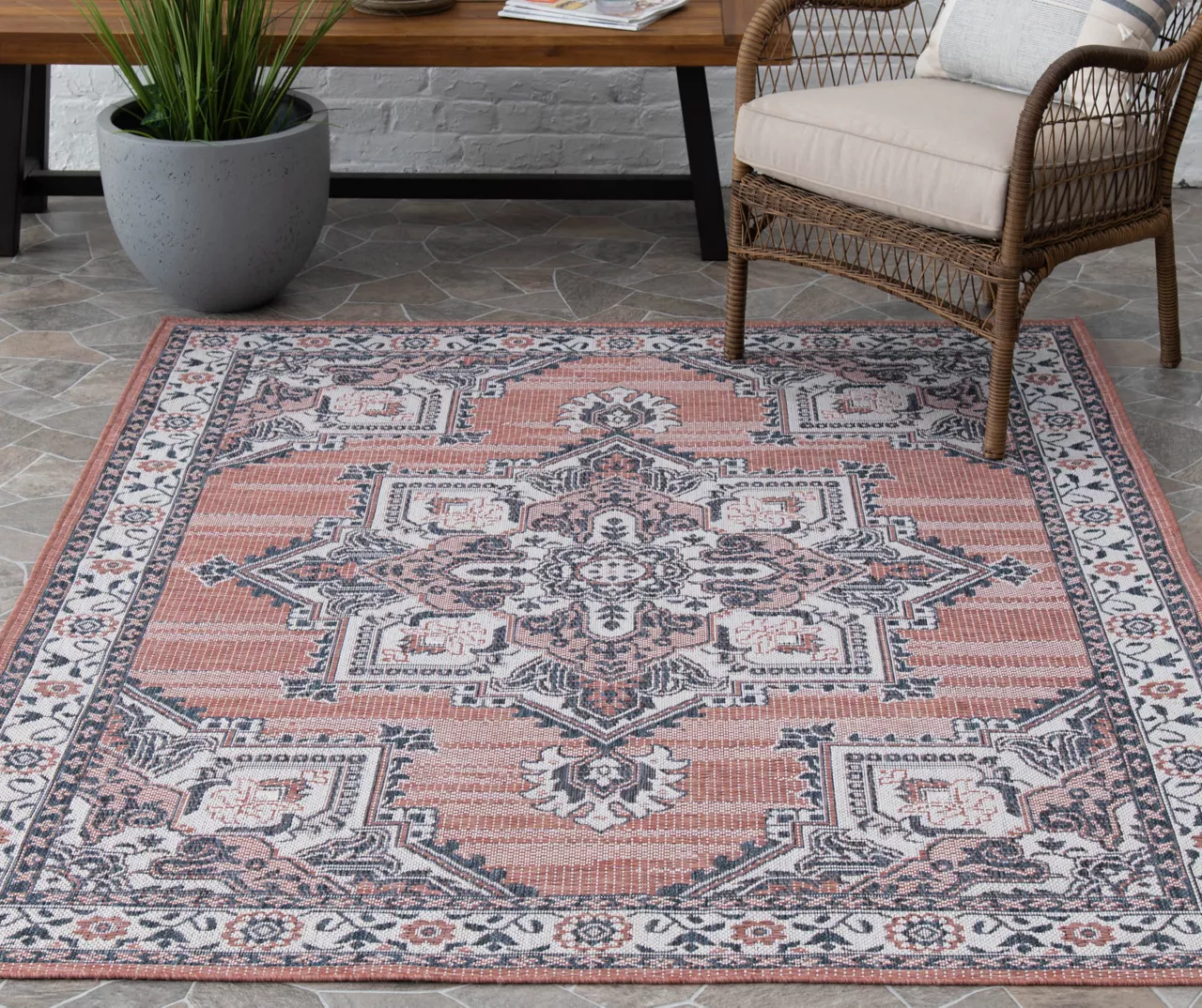 Braiden Orange & Navy Floral Medallion Outdoor Area Rug, (8' X 10') 4 Braiden Orange & Navy Floral Medallion Outdoor Area Rug, (8' X 10') - Image 2