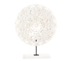 White Floral Cut-Out Carved Circle Tabletop Decor