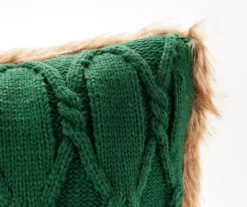 Green Cable-Knit Faux Fur-Trim Throw Pillow -Furniture Promotion Store 810616930 A8 1