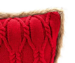 Red Cable-Knit Faux Fur-Trim Throw Pillow -Furniture Promotion Store 810617278 A8 1